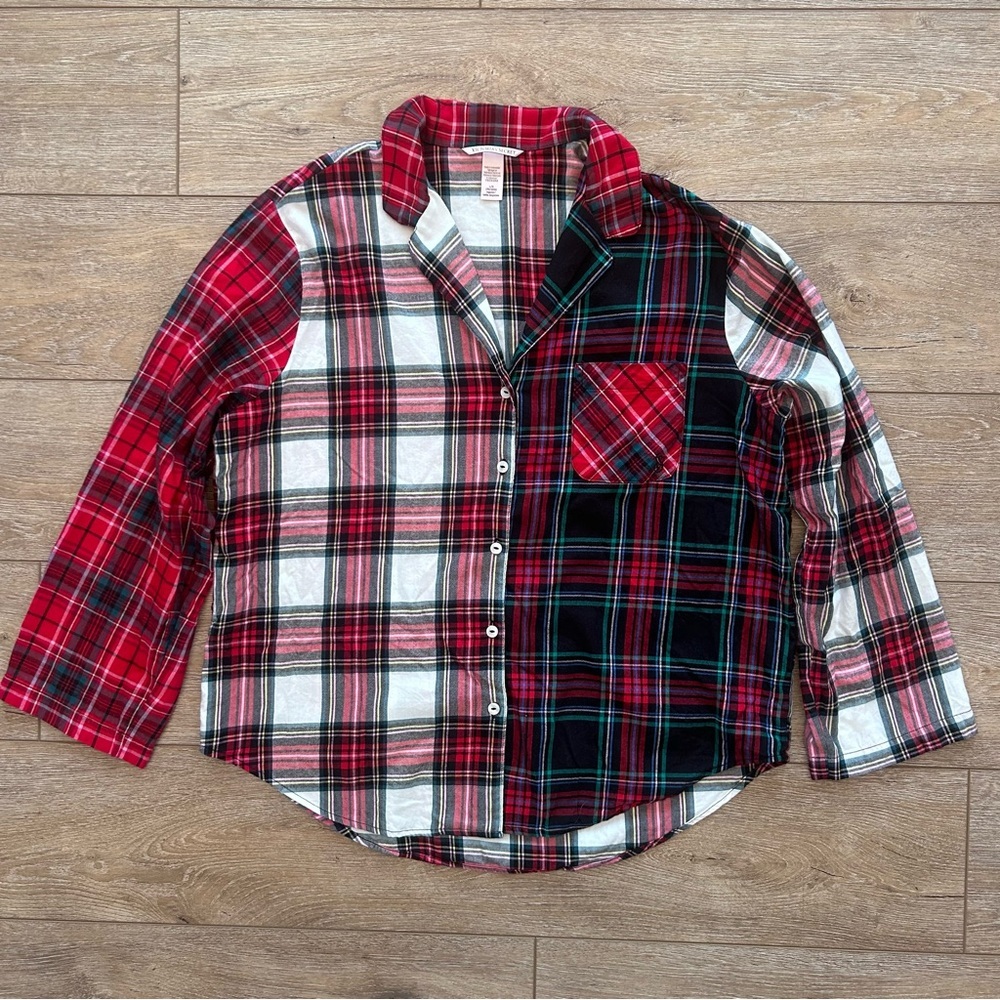 Victoria’s Secret Christmas Plaid Flannel Button Down Sleep Shirt Sz Large Sidt